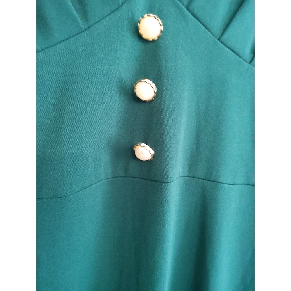 Retro glam emerald green pin up dress Sz S pleated faux pearl puff milk maid - Picture 4 of 6